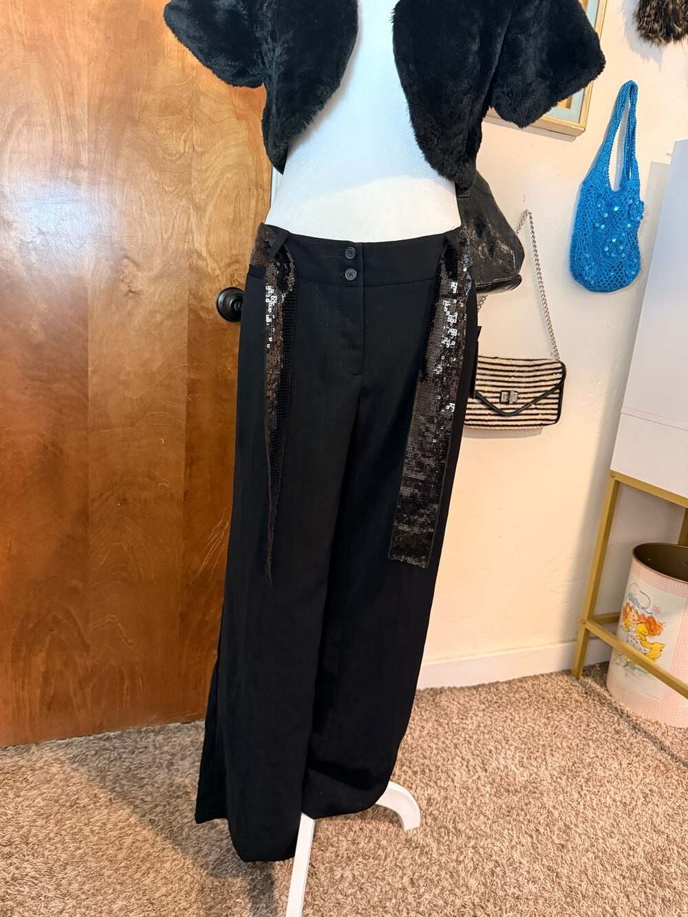 NWT Daisy Fuentes Shimmer Black Sequin Striped Pants